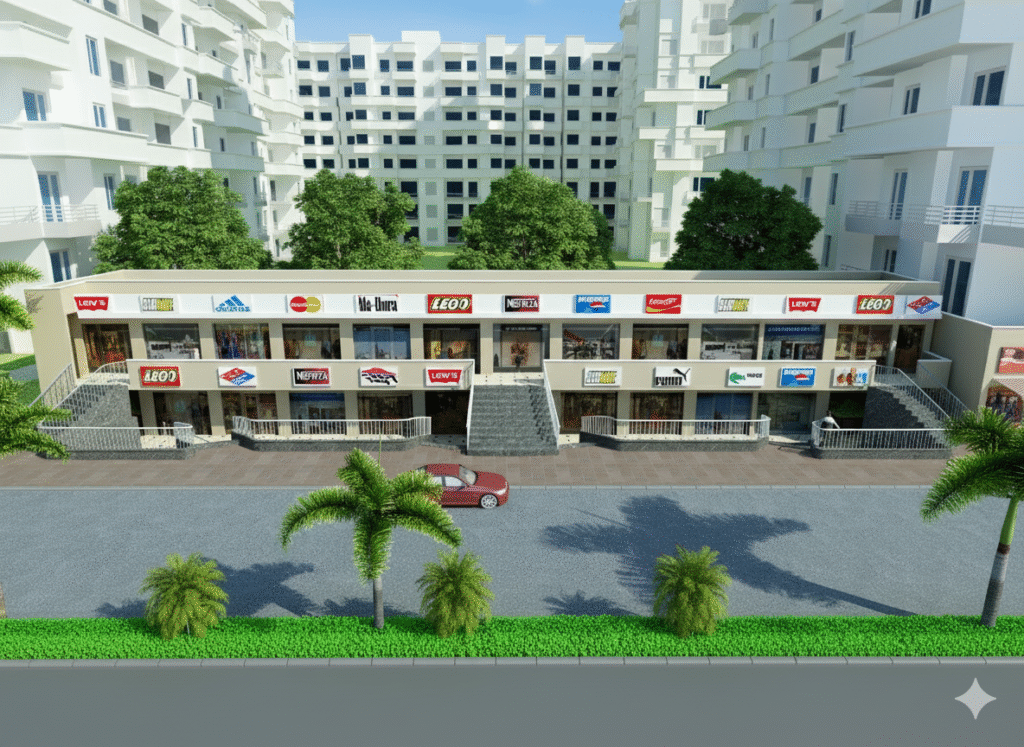 Ground floor commercial shop with wide glass frontage at Newtech La Galaxia, ideal for retail investment